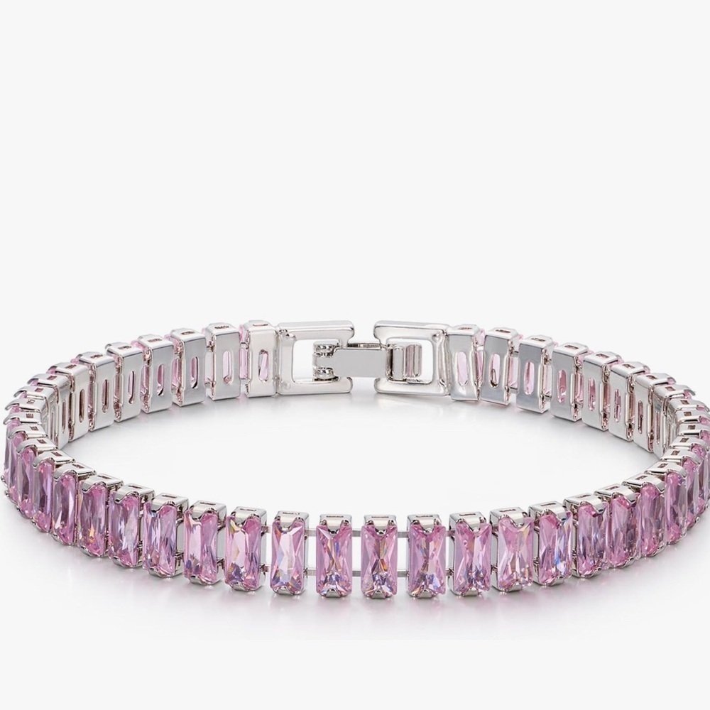 Pink crystal tennis bracelet 14k white gold plated